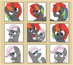 Size: 1947x1753 | Tagged: safe, artist:va1ly, derpibooru import, oc, oc:jannie daze, oc:krylone, unofficial characters only, earth pony, pony, unicorn, bust, glasses, jannielone, male, portrait, rainbow hair, stallion