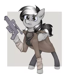 Size: 1672x1852 | Tagged: safe, artist:marsminer, derpibooru import, oc, oc:thunderstuck, unofficial characters only, pegasus, pony, clothes, coat, fallout, fallout: new vegas, gritted teeth, gun, handgun, hoof hold, ncr ranger, pistol, simple background, solo, weapon