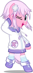 Size: 1922x4184 | Tagged: safe, artist:zacatron94, derpibooru import, pinkie pie, pony, bipedal, clothes, cosplay, costume, crossover, hyperdimension neptunia, neptune, nightmare night costume, solo