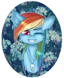 Size: 1155x1405 | Tagged: safe, artist:fellabyss, derpibooru import, rainbow dash, awesome, beautiful, bust, colored pupils, cute, dashabetes, ear fluff, flower, grin, jewelry, necklace, one eye closed, portrait, smiling, solo, wink