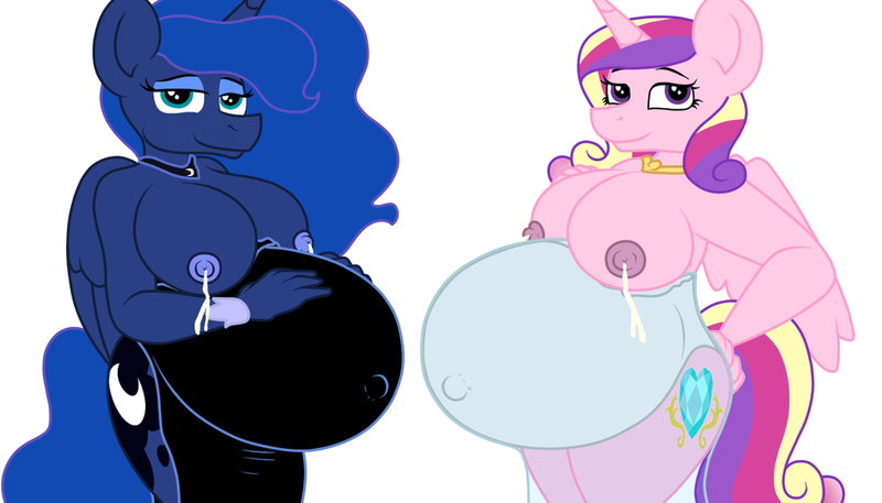 Size: 1024x585 | Tagged: anthro, artist:20thx5150, artist:theimmortalwolf, bedroom eyes, belly button, breast milk, breasts, busty princess cadance, busty princess luna, derpibooru import, duo, duo female, female, lactation, nipples, nudity, pregdance, pregluna, pregnant, princess cadance, princess luna, questionable, simple background, white background