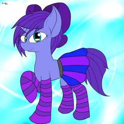 Size: 1500x1500 | Tagged: safe, artist:eclipsepenumbra, derpibooru import, oc, oc:seafood dinner, unofficial characters only, pony, unicorn, bow, clothes, hair bow, looking at you, skirt, socks, solo, striped socks