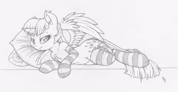 Size: 1000x519 | Tagged: suggestive, artist:dfectivedvice, derpibooru import, twilight sparkle, twilight sparkle (alicorn), alicorn, pony, clothes, female, grayscale, mare, monochrome, pillow, side, socks, solo, solo female, striped socks