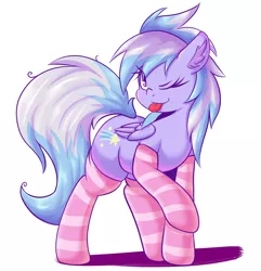 Size: 4500x4668 | Tagged: safe, artist:graphene, derpibooru import, cloudchaser, pegasus, pony, absurd resolution, clothes, cute, cutechaser, ear fluff, female, mare, one eye closed, socks, solo, striped socks, tongue out, wink