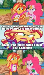 Size: 500x843 | Tagged: safe, derpibooru import, pinkie pie, sunset shimmer, equestria girls, legend of everfree, crossing the memes, exploitable meme, image macro, meme, op is a genius, pinkie's mind, subverted meme, sunset is not willing to learn, sunset sees things, wrong aspect ratio
