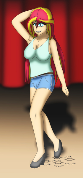 Size: 3098x6621 | Tagged: safe, artist:tyron91, derpibooru import, sunset shimmer, equestria girls, absurd resolution, armpits, breasts, busty sunset shimmer, cleavage, clothes, commission, female, high heels, looking at you, onomatopoeia, paypal, shorts, smiling, solo, spotlight, stage, tanktop, tap dancing