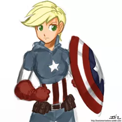 Size: 850x850 | Tagged: amerijack, applejack, artist:ixalon, artist:johnjoseco, blonde, captain america, clothes, colored, color edit, cosplay, costume, derpibooru import, edit, female, hatless, human, humanized, missing accessory, safe, simple background, solo, white background