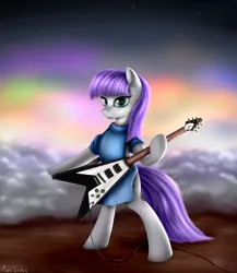 Size: 2600x3000 | Tagged: safe, artist:pony-stark, derpibooru import, maud pie, pony, bipedal, cable, clothes, evening, flying v, guitar, hoof hold, outdoors, signature, sky, solo, stars