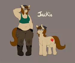 Size: 1024x868 | Tagged: anthro, anthro ponidox, armpits, artist:lumo, bandana, belly button, belt, boots, chest fluff, chubby, clothes, derpibooru import, duality, ear piercing, earring, glasses, head scratch, jewelry, looking down, looking up, oc, oc:jackie trade, piercing, plump, safe, self ponidox, smirk, tanktop, unofficial characters only