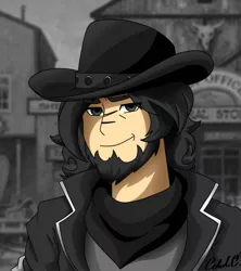 Size: 1915x2160 | Tagged: artist:ciderpunk, beard, clothes, cowboy, derpibooru import, facial hair, hat, human, humanized, humanized oc, oc, oc:coldbrewcoffee, safe, scar, scarf, solo, unofficial characters only, western
