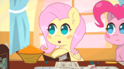 Size: 1000x563 | Tagged: safe, artist:omegaozone, derpibooru import, fluttershy, pinkie pie, earth pony, pegasus, pony, animated, book, cute, diapinkes, dungeons and dragons, duo, eyes closed, female, frame by frame, gif, no pupils, ogres and oubliettes, roleplaying, roleponies, shyabetes, smiling