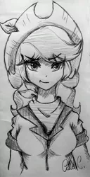 Size: 1667x3264 | Tagged: artist:ciderpunk, black and white, clothes, derpibooru import, grayscale, hat, human, humanized, humanized oc, monochrome, oc, oc:applesunrise, safe, scarf, solo, traditional art, unofficial characters only, western