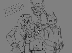 Size: 750x559 | Tagged: safe, artist:wwredgrave, derpibooru import, discord, starlight glimmer, thorax, trixie, anthro, changeling, draconequus, unicorn, to where and back again, a-team, clothes, fishnets, grayscale, lidded eyes, monochrome, pantyhose, reformed four, simple background, sketch, smiling, tailcoat