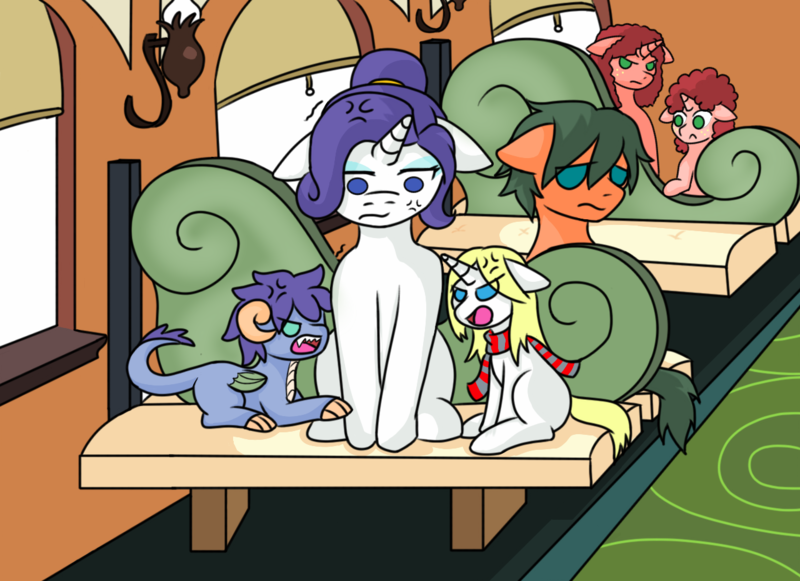 Size: 1280x930 | Tagged: safe, artist:jolliapplegirl, derpibooru import, rarity, oc, oc:crescent moonstone, oc:lapis hondo lazuli, dracony, earth pony, hybrid, pony, unicorn, adopted offspring, annoyed, argument, clothes, family, floppy ears, interspecies offspring, motherhood, offspring, parent:rarity, road trip, scarf, sibling rivalry, siblings, train