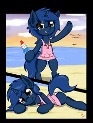 Size: 1700x2250 | Tagged: safe, artist:chilimod, derpibooru import, oc, oc:starlight blossom, unofficial characters only, pony, unicorn, beach, bikini bottom, bipedal, bomb pop, clothes, cute, female, filly, food, looking at you, lying down, ocbetes, one-piece swimsuit, popsicle, prone, skirt, skirt lift, solo, sploot, standing, swimsuit, underhoof