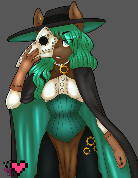 Size: 500x647 | Tagged: anthro, artist:ladypixelheart, breasts, clothes, corset, derpibooru import, ear piercing, earring, female, jewelry, oc, oc:sprocket, piercing, plague doctor, plague doctor mask, safe, solo, unofficial characters only