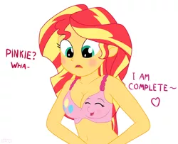 Size: 1300x1058 | Tagged: suggestive, artist:phallen1, derpibooru import, pinkie pie, sunset shimmer, ponified, object pony, original species, equestria girls, belly button, blushing, bra, breasts, cleavage, clothes, clothing transformation, cutie mark underwear, female, inanimate tf, interspecies, lesbian, living clothes, living underwear, pink bra, pinkie loves bacon bits, shipping, simple background, sunsetpie, transformation, wat