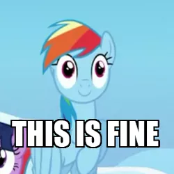 Size: 263x263 | Tagged: safe, derpibooru import, edit, edited screencap, screencap, rainbow dash, twilight sparkle, twilight sparkle (alicorn), alicorn, pony, top bolt, caption, cropped, faic, image macro, meme, rainbow dash is best facemaker, reaction image, smiling, text, this is fine, thousand yard stare