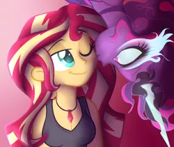 Size: 1024x864 | Tagged: dead source, safe, artist:wubcakeva, derpibooru import, sci-twi, sunset shimmer, twilight sparkle, equestria girls, breasts, bust, cleavage, clothes, colored pupils, female, gradient background, jewelry, kiss on the cheek, kissing, lesbian, midnight sparkle, necklace, no pupils, pink background, scitwishimmer, shipping, simple background, smiling, sunnight, sunsetsparkle, tanktop, upside down