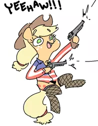 Size: 555x708 | Tagged: safe, artist:nobody, derpibooru import, applejack, earth pony, pony, american flag, amerijack, bipedal, clothes, cowboy hat, female, fishnets, gun, handgun, hat, mare, murica, open mouth, panties, pistol, revolver, shirt, simple background, solo, stockings, underwear, weapon, white background, yeehaw