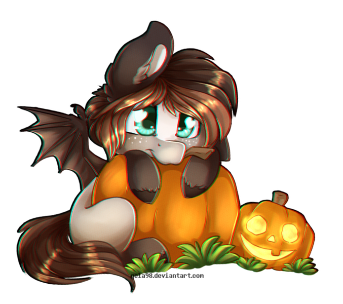 Size: 800x709 | Tagged: safe, artist:gela98, derpibooru import, oc, oc:whimsy whisky, unofficial characters only, bat, bat pony, pony, ear fluff, feather ears, grass, jack-o-lantern, looking at you, pumpkin, simple background, sitting, solo, spread wings, transparent background