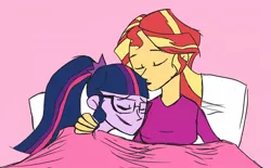 Size: 1532x949 | Tagged: safe, derpibooru import, sci-twi, sunset shimmer, twilight sparkle, equestria girls, bed, female, lesbian, pillow, scitwishimmer, shipping, sleeping, sunsetsparkle