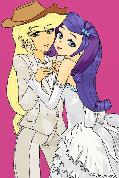 Size: 700x1050 | Tagged: safe, artist:eulicious, derpibooru import, applejack, rarity, human, clothes, dress, female, humanized, lesbian, looking at you, marriage, missing freckles, rarijack, shipping, simple background, tuxedo, wedding dress