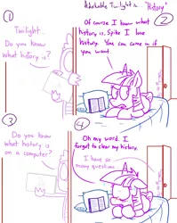 Size: 1280x1611 | Tagged: safe, artist:adorkabletwilightandfriends, derpibooru import, spike, twilight sparkle, pony, comic:adorkable twilight and friends, adorkable twilight, bed, bedroom, blushing, book, comic, computer, dialogue, embarrassed, floppy ears, frown, history, internet, laptop computer, lineart, open mouth, pillow, prone, raised eyebrow, simple background, slice of life, sweat, wavy mouth, wide eyes