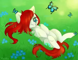 Size: 900x700 | Tagged: safe, artist:crystalfilth, derpibooru import, oc, oc:primavera, unofficial characters only, butterfly, earth pony, pony, digital art, flower, grass, happy, lying, on back, redhead, smiling, solo, spring