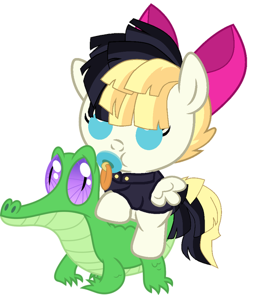 Size: 936x1067 | Tagged: safe, artist:red4567, derpibooru import, gummy, songbird serenade, pegasus, pony, my little pony: the movie, baby, baby pony, cute, female, filly, pacifier, ponies riding gators, riding, sia (singer), siabetes, songbetes