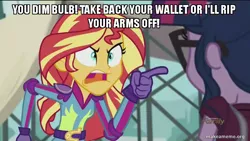 Size: 800x450 | Tagged: safe, derpibooru import, edit, edited screencap, screencap, sci-twi, sunset shimmer, twilight sparkle, equestria girls, friendship games, angry, exploitable meme, image macro, meme, mermaid man and barnacle boy iii, spongebob squarepants, sunset yells at twilight