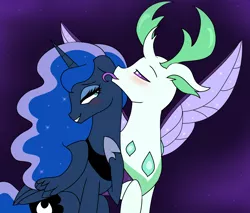 Size: 1260x1074 | Tagged: safe, artist:purfectprincessgirl, derpibooru import, princess luna, thorax, alicorn, changedling, changeling, pony, to where and back again, alternate color palette, bedroom eyes, blushing, changeling king, crack shipping, ethereal mane, female, floppy ears, grin, grooming, king thorax, licking, male, mare, raised hoof, shipping, sitting, size difference, smiling, spread wings, starry mane, straight, thuna, tongue out, wingboner