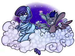 Size: 1623x1215 | Tagged: safe, artist:nyosuke-higashicata, derpibooru import, blueberry cloud, oc, oc:night air, pegasus, pony, cloud, color, mother and son