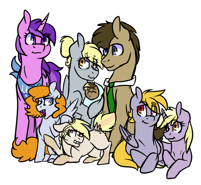 Size: 3800x3500 | Tagged: safe, artist:peppertomb, derpibooru import, amethyst star, crackle pop, derpy hooves, dinky hooves, doctor whooves, time turner, oc, oc:apollo, oc:artemis, oc:athena, pegasus, pony, doctorderpy, family, family photo, female, male, mare, offspring, parent:derpy hooves, parent:doctor whooves, parents:doctorderpy, shipping, simple background, straight