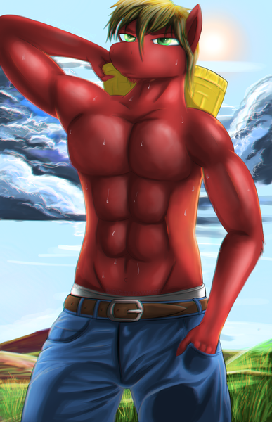 Size: 1187x1840 | Tagged: abs, anthro, artist:bluenight01, bare chest, basket, belt, big macintosh, clothes, cloud, derpibooru import, looking at you, male, muscles, pants, partial nudity, solo, solo male, stupid sexy big macintosh, suggestive, sun, sweat, topless