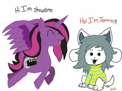 Size: 2048x1540 | Tagged: safe, artist:rainafox91, derpibooru import, oc, oc:showtime, unofficial characters only, alicorn, pony, temmie, alicorn oc, simple background, undertale, white background