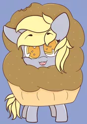 Size: 676x960 | Tagged: safe, artist:hedgehog-plant, derpibooru import, derpy hooves, pegasus, pony, clothes, costume, cute, derpabetes, female, food, mare, muffin, simple background, solo