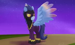 Size: 2407x1458 | Tagged: safe, artist:stillwaterspony, derpibooru import, oc, oc:still waters, unofficial characters only, pegasus, pony, clothes, dyed feathers, halloween costume, night, shadowbolts costume, solo, wings