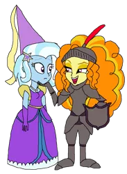 Size: 765x1044 | Tagged: safe, artist:ktd1993, derpibooru import, adagio dazzle, trixie, equestria girls, armor, bedroom eyes, clothes, dress, fantasy class, female, heart eyes, knight, lesbian, looking at each other, open mouth, princess, shipping, simple background, smiling, transparent background, triagio, warrior, wingding eyes