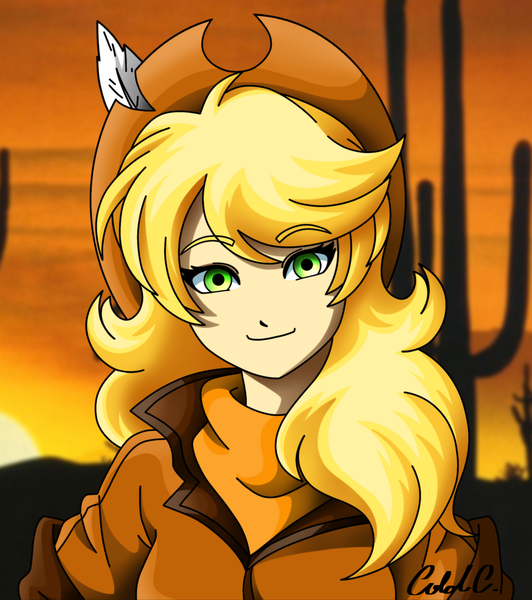 Size: 1915x2160 | Tagged: artist:ciderpunk, blonde, bust, clothes, derpibooru import, desert, hat, human, humanized, humanized oc, not applejack, oc, oc:applesunrise, portrait, safe, scarf, solo, sunrise, unofficial characters only, western