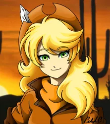 Size: 1915x2160 | Tagged: artist:ciderpunk, blonde, bust, clothes, derpibooru import, desert, hat, human, humanized, humanized oc, not applejack, oc, oc:applesunrise, portrait, safe, scarf, solo, sunrise, unofficial characters only, western