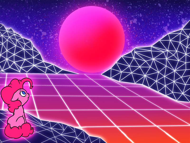 Size: 1000x750 | Tagged: aesthetics, artist:slamjam, color porn, derpibooru import, glow, missing cutie mark, pinkie pie, polygons, safe, solo, synthwave, vaporwave