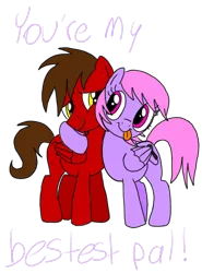 Size: 672x906 | Tagged: safe, artist:toyminator900, derpibooru import, oc, oc:chip, oc:melody notes, unofficial characters only, pegasus, pony, :p, duo, hug, melochip, simple background, smiling, tongue out, transparent background