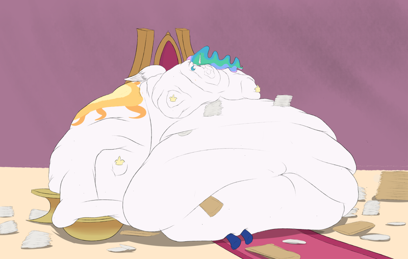 Size: 1280x814 | Tagged: artist:astr0zone, ass, belly, big belly, bingo wings, blob, chubby cheeks, chubbylestia, crushing, derpibooru import, double chin, fat, female, huge butt, immobile, impossibly large belly, impossibly large butt, large belly, large butt, messy, morbidly obese, multichin, neck roll, obese, plates, princess celestia, princess luna, questionable, rolls of fat, royal fitness, simple background, solo, solo female, sunbutt, throne, tray, triple chin