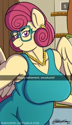 Size: 1109x1920 | Tagged: alternate version, anthro, artist:sketchybug, bedroom eyes, breasts, busty posey shy, clothes, derpibooru import, dialogue, ear piercing, female, glasses, jewelry, looking at you, milf, necklace, pearl necklace, piercing, posey shy, raised eyebrow, selfie, sexy, signature, snapchat, solo, solo female, suggestive, text