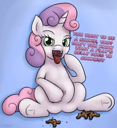 Size: 1314x1442 | Tagged: suggestive, artist:variant, derpibooru import, sweetie belle, bedroom eyes, belly, belly button, blushing, cookie, drool, drool string, esophagus, food, gingerbread man, gullet, implied vore, kitchen eyes, looking at you, mawshot, open mouth, oral invitation, salivating, slimy, solo, squishy, sweetie belly, sweetiepred, tongue out, underhoof, uvula, wingding eyes