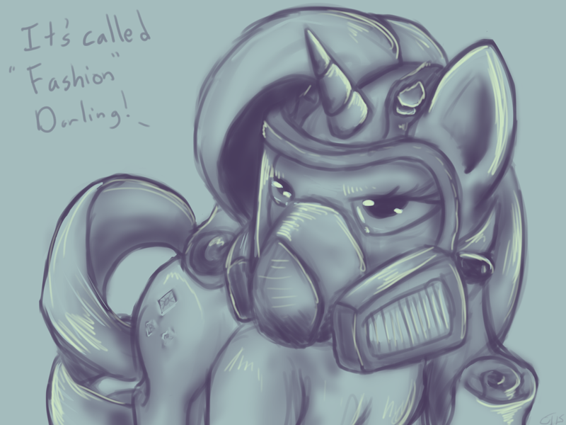 Size: 1280x960 | Tagged: artist:causticeichor, derpibooru import, gas mask, mask, rarity, safe, solo