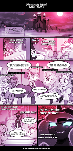 Size: 755x1561 | Tagged: artist:lumineko, blood moon, blushing, castle, cloud, comic, derpibooru import, dialogue, evil grin, full moon, jewelry, lidded eyes, looking at each other, looking back, moon, night, nightmare moon, nightmare night, night sky, oc, open mouth, princess celestia, princess luna, princess peach, regalia, sitting, smiling, stars, suggestive, super mario bros., trembling, wide eyes