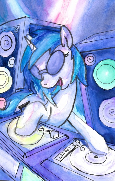 Size: 1535x2423 | Tagged: artist:autobotchari, derpibooru import, safe, solo, speakers, traditional art, turntable, vinyl scratch