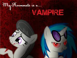 Size: 1400x1050 | Tagged: semi-grimdark, artist:cruelseptember, derpibooru import, octavia melody, vinyl scratch, pony, unicorn, vampire, fanfic, blood, blood stains, cover, fangs, female, glasses, glowing eyes, hooves, horn, mare, red eyes, sharp teeth, smiling, solo, sunglasses, teeth, text, vinyl the vampire